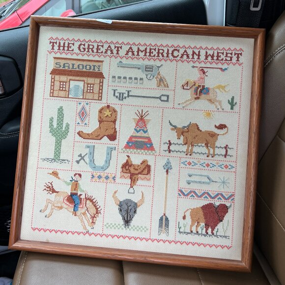 Large Vintage The Great American West Framed Needlepoint Cross Stitch Art 18.5"